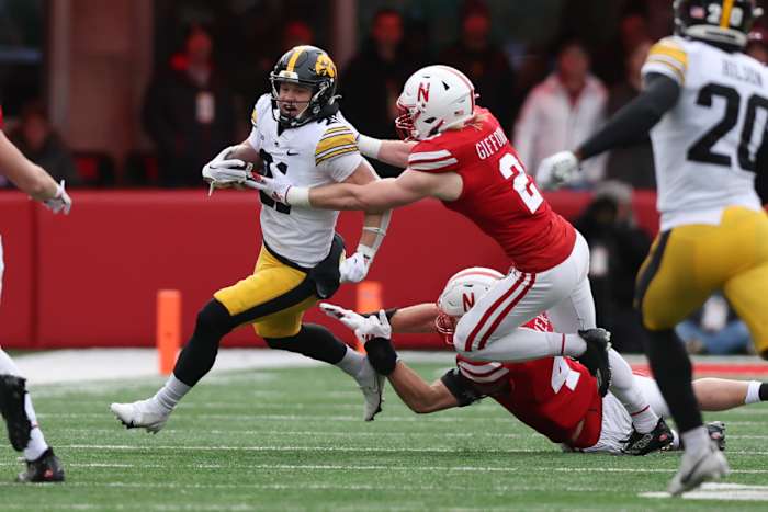 NU vs. Iowa 2023 - Isaac Gifford tackles Kaden Wetjen